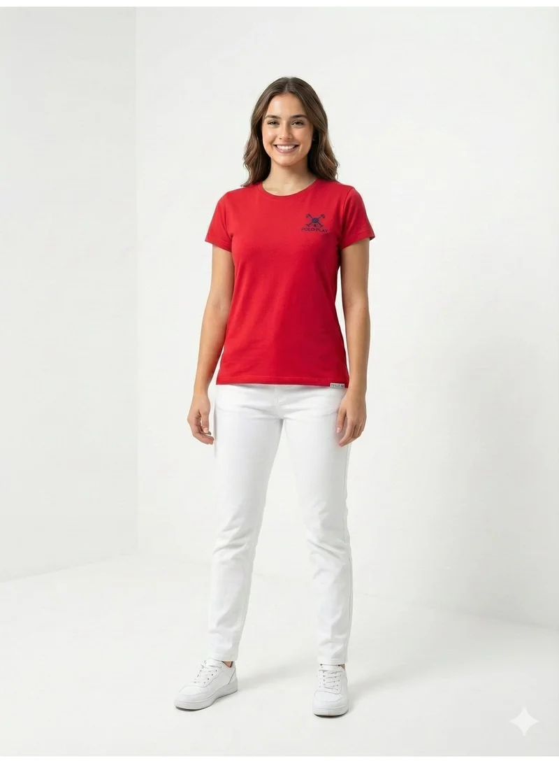 لعب البولو تيشيرت نسائي برسومات - أحمر